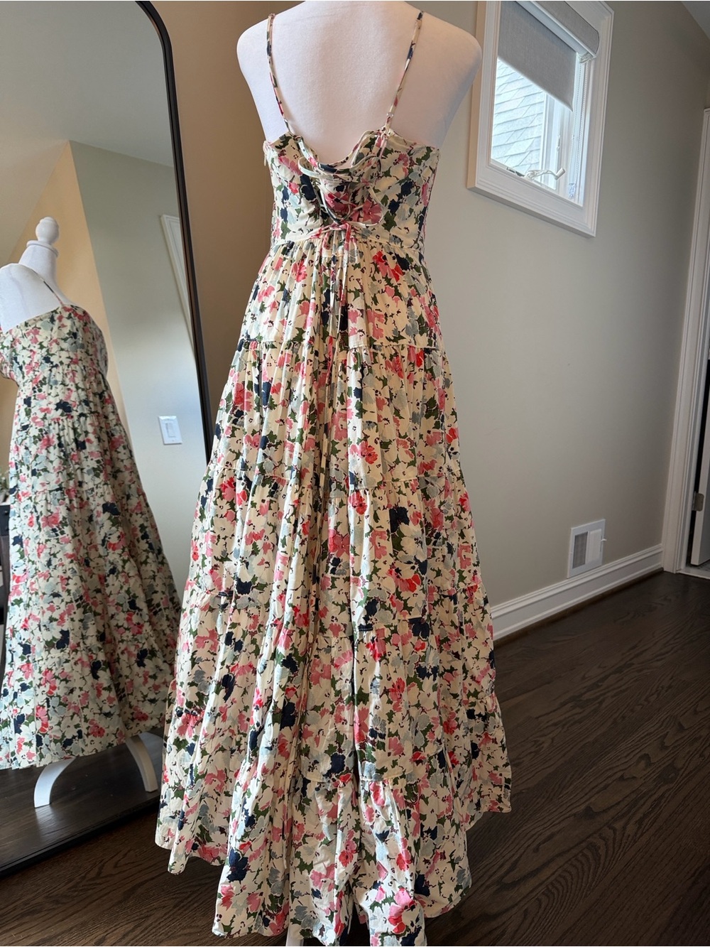 cinq a sept Cream Floral Tiered Midi Skirt with Pink and Navy Accents - Picture 6 of 13